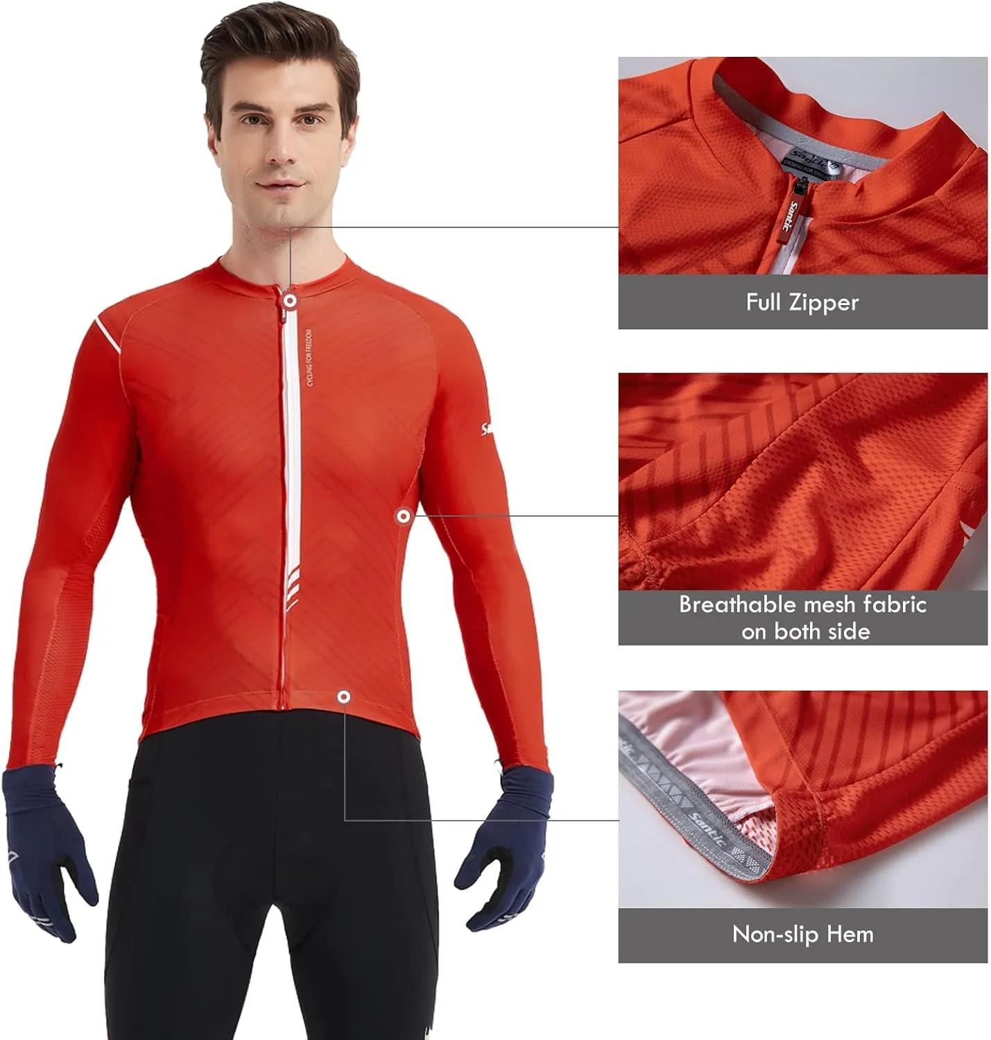 Santic Cycling Jersey Men's Long Sleeve Bike Reflective Full Zip Bicycle Shirts with Pockets
