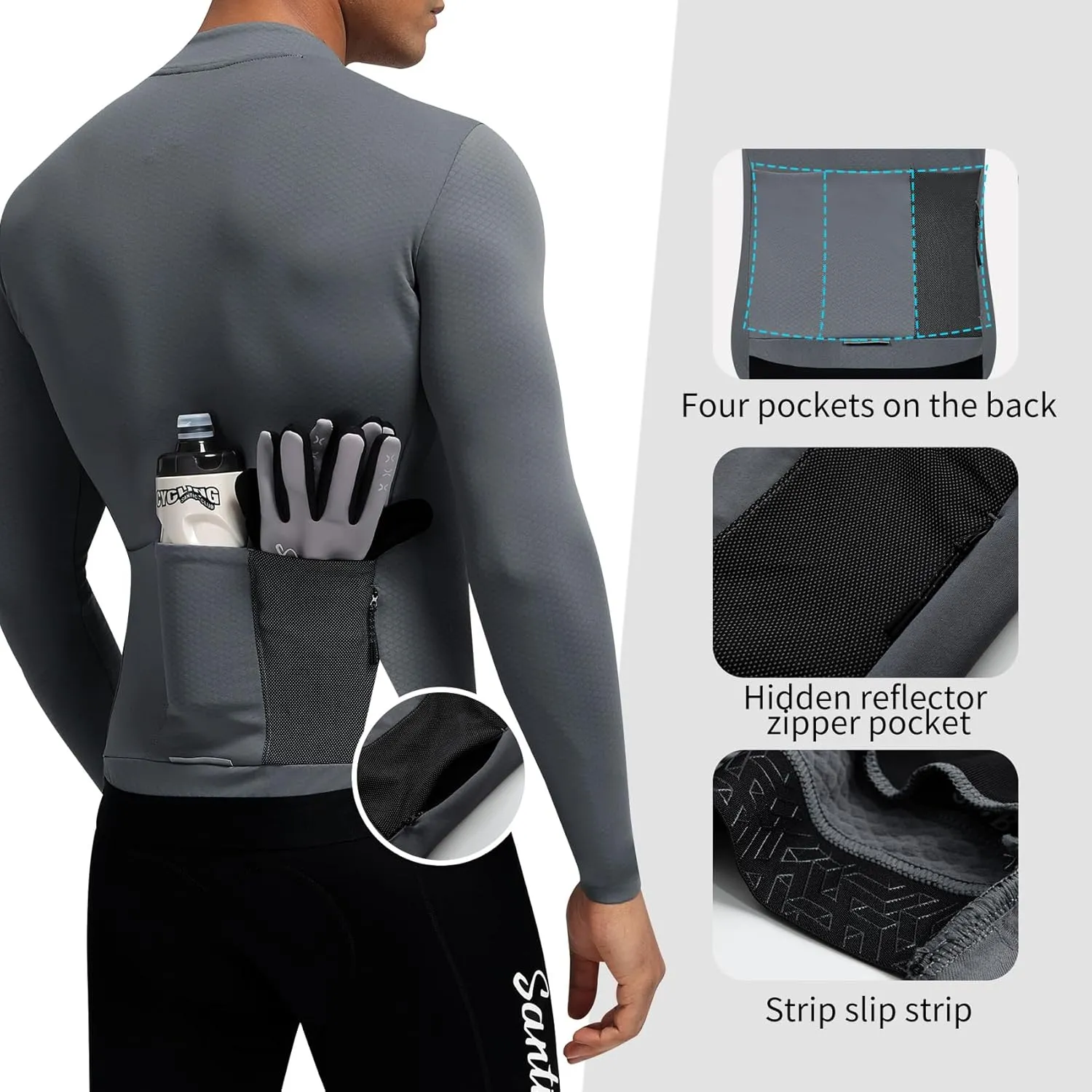 Santic Men's Cycling Jersey Winter Thermal Pro Long Sleeve Fleece Cycling Jacket with 3 Pockets