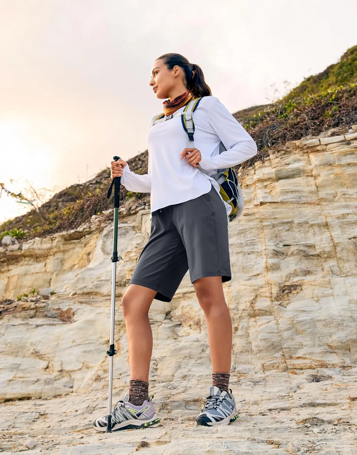 SANTINY Women's 7''/ 9'' Hiking Shorts with 3 Zipper Pockets Lightweight Quick Dry Long Athletic Golf Shorts for Women Casual