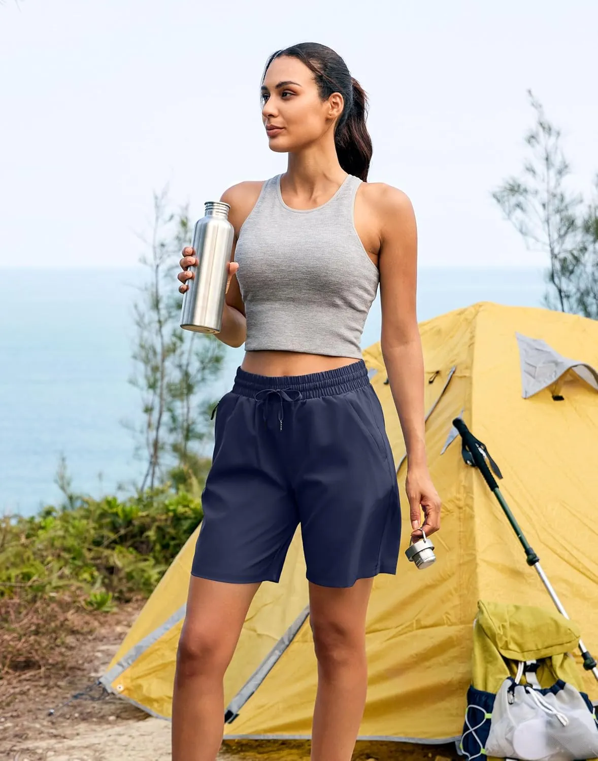 SANTINY Women's 7''/ 9'' Hiking Shorts with 3 Zipper Pockets Lightweight Quick Dry Long Athletic Golf Shorts for Women Casual