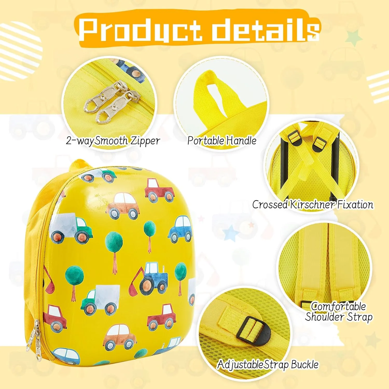 Sanwuta 4 Pcs Kids Luggage Set Kids Backpack Travel Rolling Suitcase with Wheels U-shape Pillow Childrens Gift for Girls Boys(17 Inch,Car Style,Yellow)