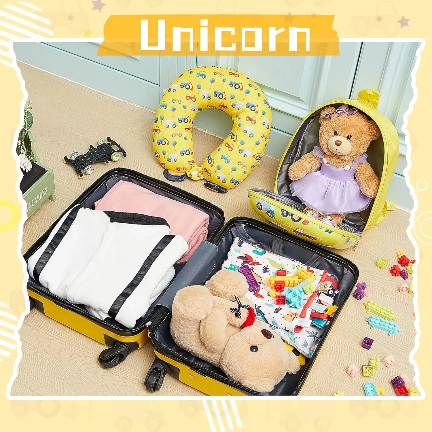 Sanwuta 4 Pcs Kids Luggage Set Kids Backpack Travel Rolling Suitcase with Wheels U-shape Pillow Childrens Gift for Girls Boys(17 Inch,Car Style,Yellow)