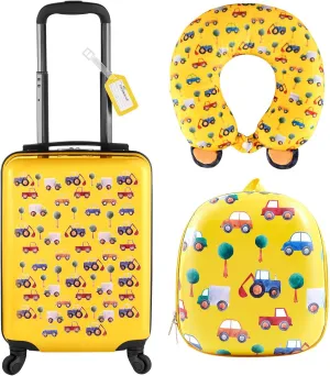 Sanwuta 4 Pcs Kids Luggage Set Kids Backpack Travel Rolling Suitcase with Wheels U-shape Pillow Childrens Gift for Girls Boys(17 Inch,Car Style,Yellow)