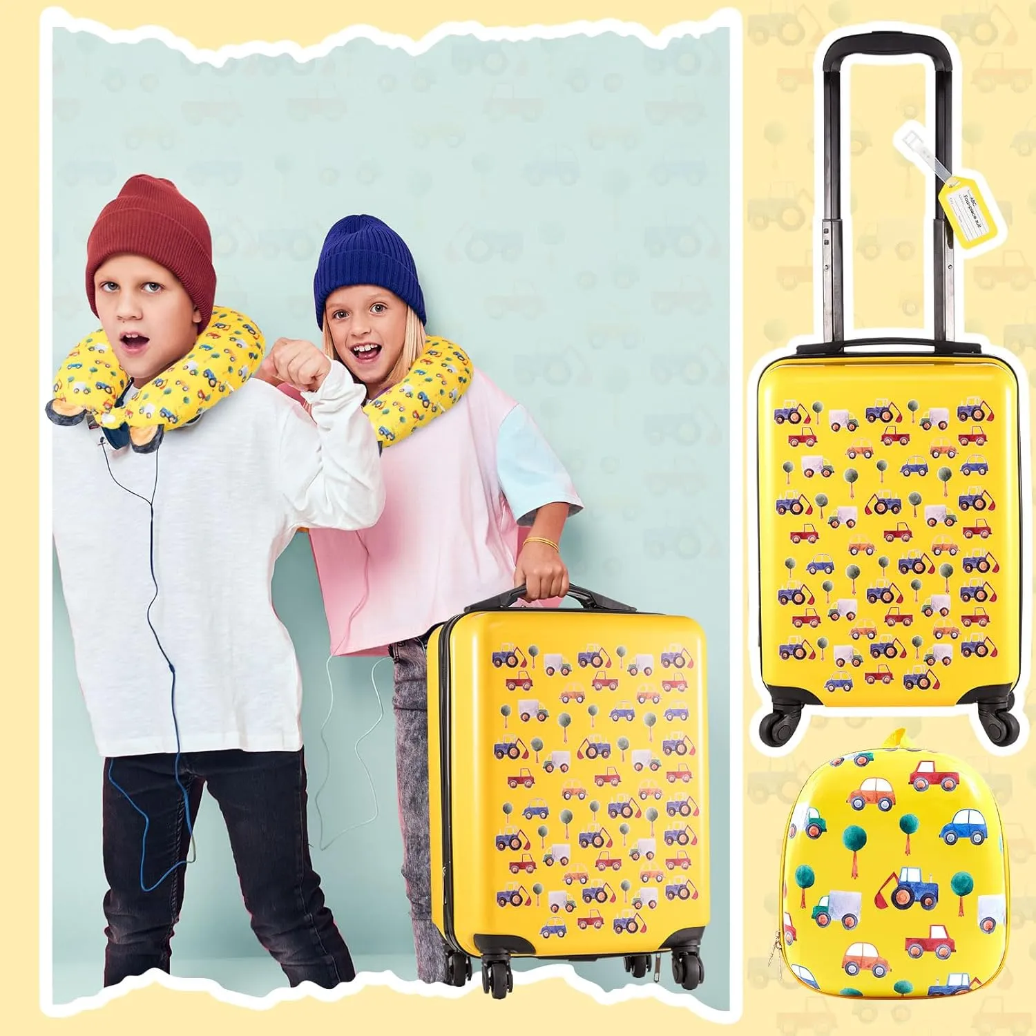 Sanwuta 4 Pcs Kids Luggage Set Kids Backpack Travel Rolling Suitcase with Wheels U-shape Pillow Childrens Gift for Girls Boys(17 Inch,Car Style,Yellow)