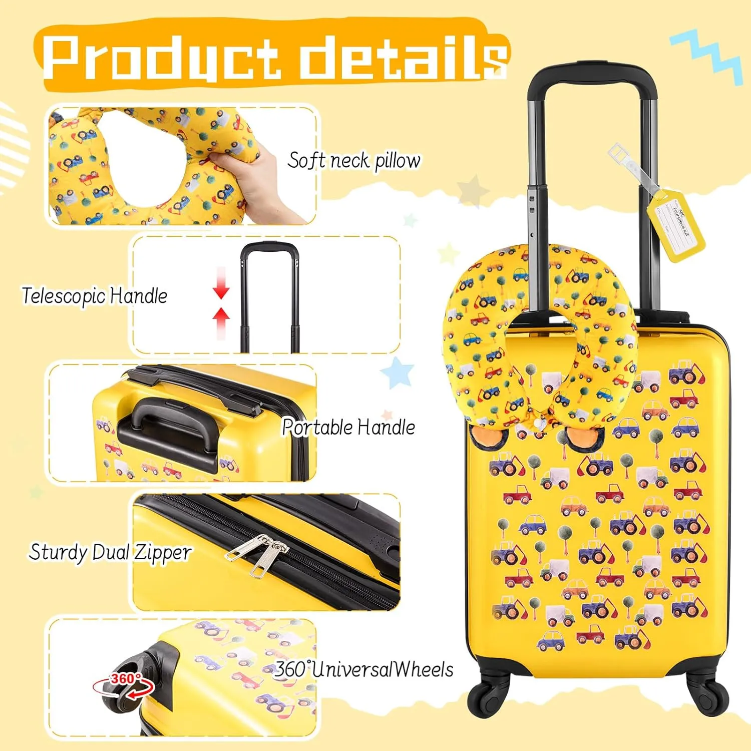 Sanwuta 4 Pcs Kids Luggage Set Kids Backpack Travel Rolling Suitcase with Wheels U-shape Pillow Childrens Gift for Girls Boys(17 Inch,Car Style,Yellow)