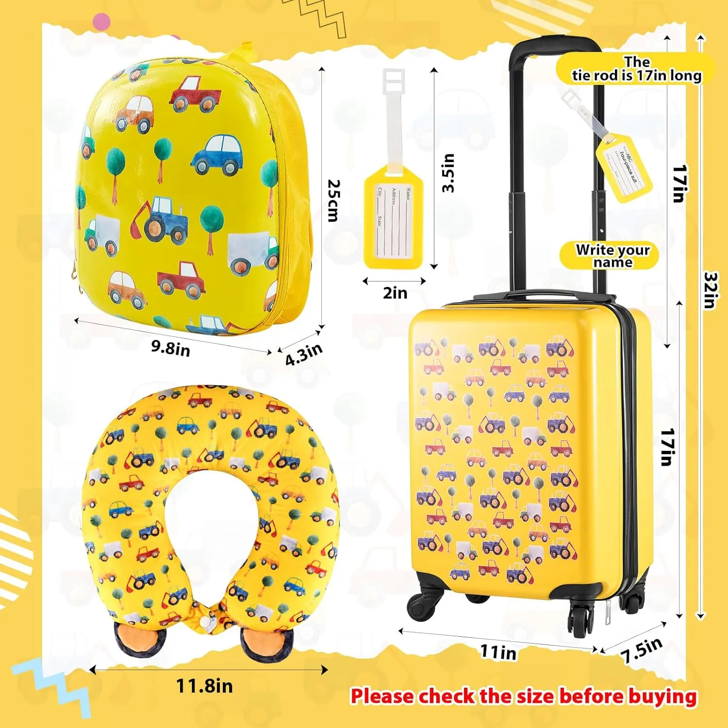 Sanwuta 4 Pcs Kids Luggage Set Kids Backpack Travel Rolling Suitcase with Wheels U-shape Pillow Childrens Gift for Girls Boys(17 Inch,Car Style,Yellow)