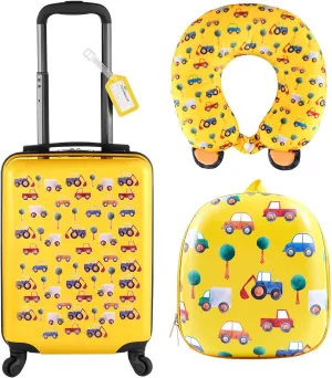 Sanwuta 4 Pcs Kids Luggage Set Kids Backpack Travel Rolling Suitcase with Wheels U-shape Pillow Childrens Gift for Girls Boys(17 Inch,Car Style,Yellow)