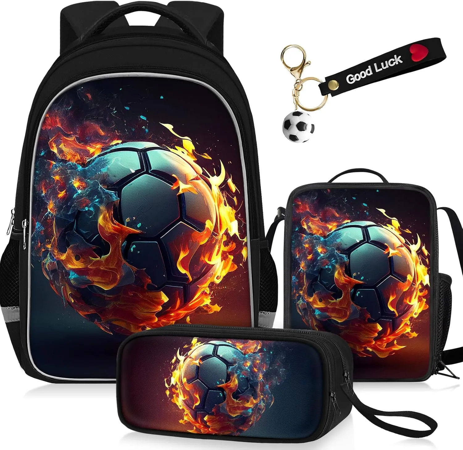 School Backpack for Boys - 4pcs Soccer Boys Backpack with Lunch Box and Pencil Case for Kids Children Teens Elementary Middle School - Students Bag for Ages 6-18,17″Bookbag Travel Back Pack