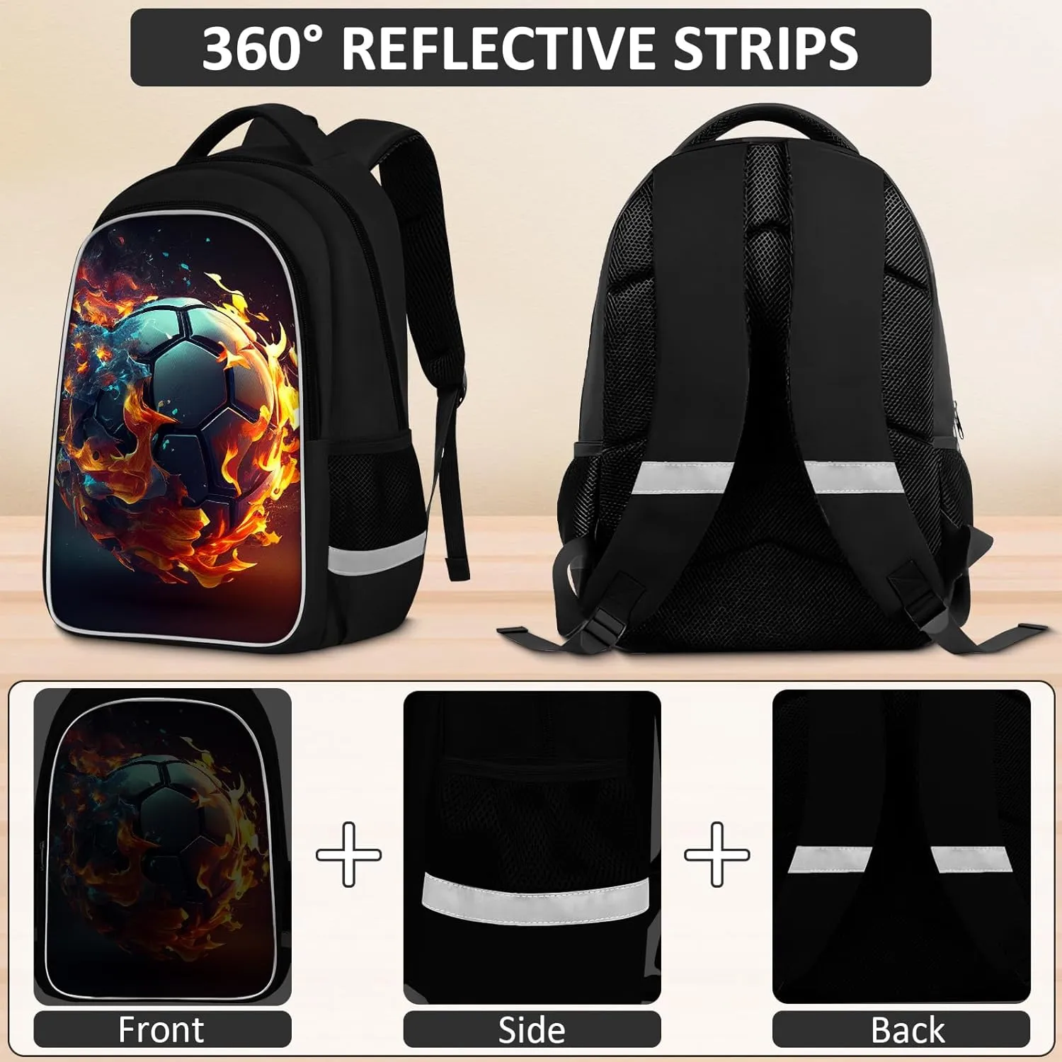 School Backpack for Boys - 4pcs Soccer Boys Backpack with Lunch Box and Pencil Case for Kids Children Teens Elementary Middle School - Students Bag for Ages 6-18,17″Bookbag Travel Back Pack