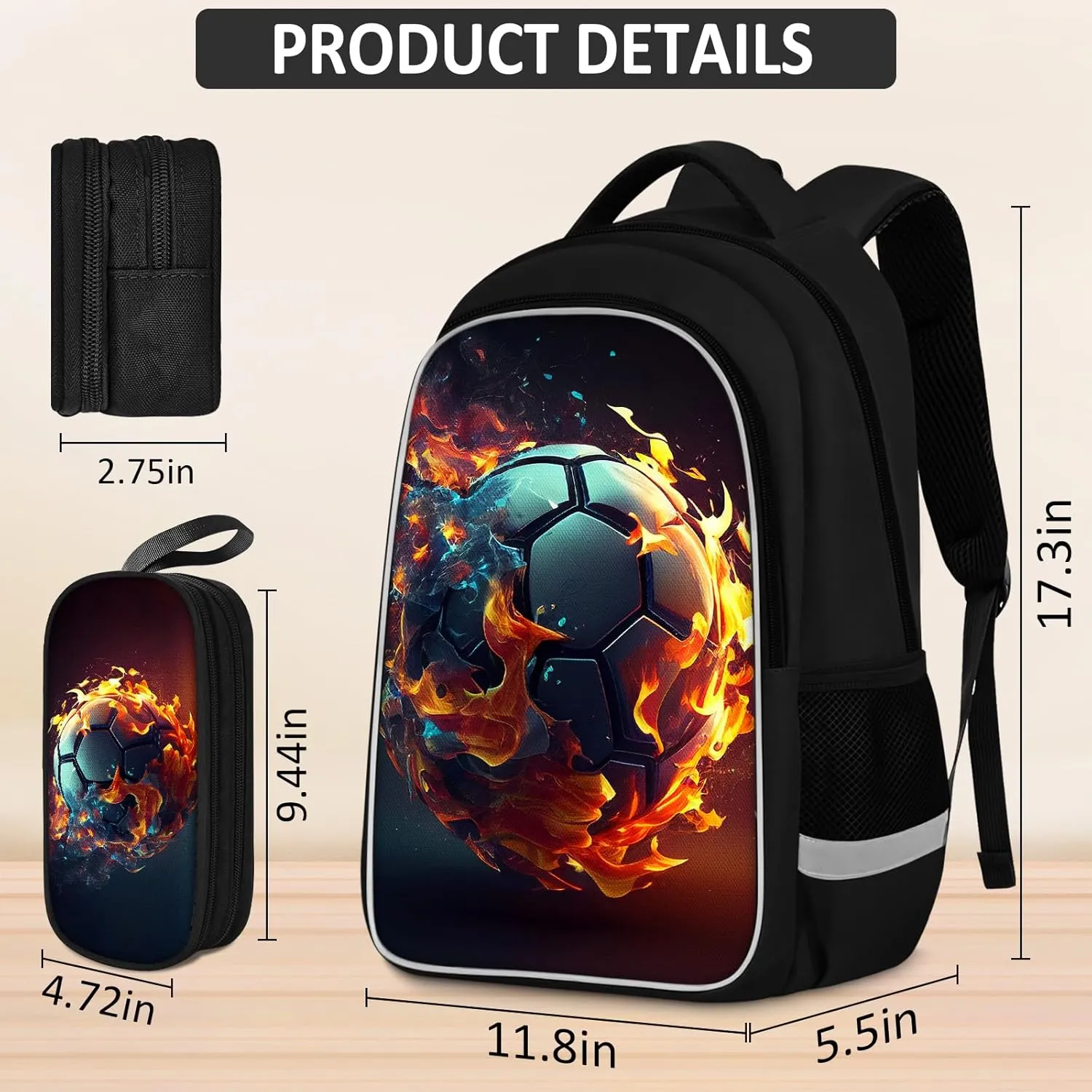 School Backpack for Boys - 4pcs Soccer Boys Backpack with Lunch Box and Pencil Case for Kids Children Teens Elementary Middle School - Students Bag for Ages 6-18,17″Bookbag Travel Back Pack