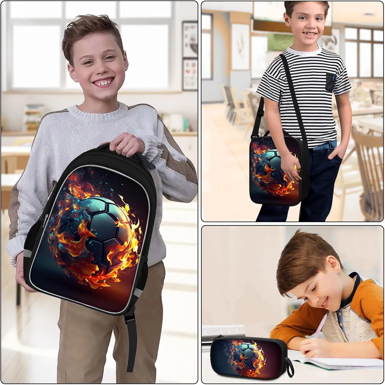 School Backpack for Boys - 4pcs Soccer Boys Backpack with Lunch Box and Pencil Case for Kids Children Teens Elementary Middle School - Students Bag for Ages 6-18,17″Bookbag Travel Back Pack
