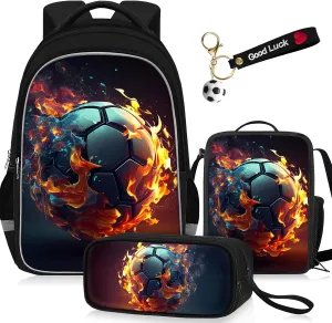 School Backpack for Boys - 4pcs Soccer Boys Backpack with Lunch Box and Pencil Case for Kids Children Teens Elementary Middle School - Students Bag for Ages 6-18,17″Bookbag Travel Back Pack