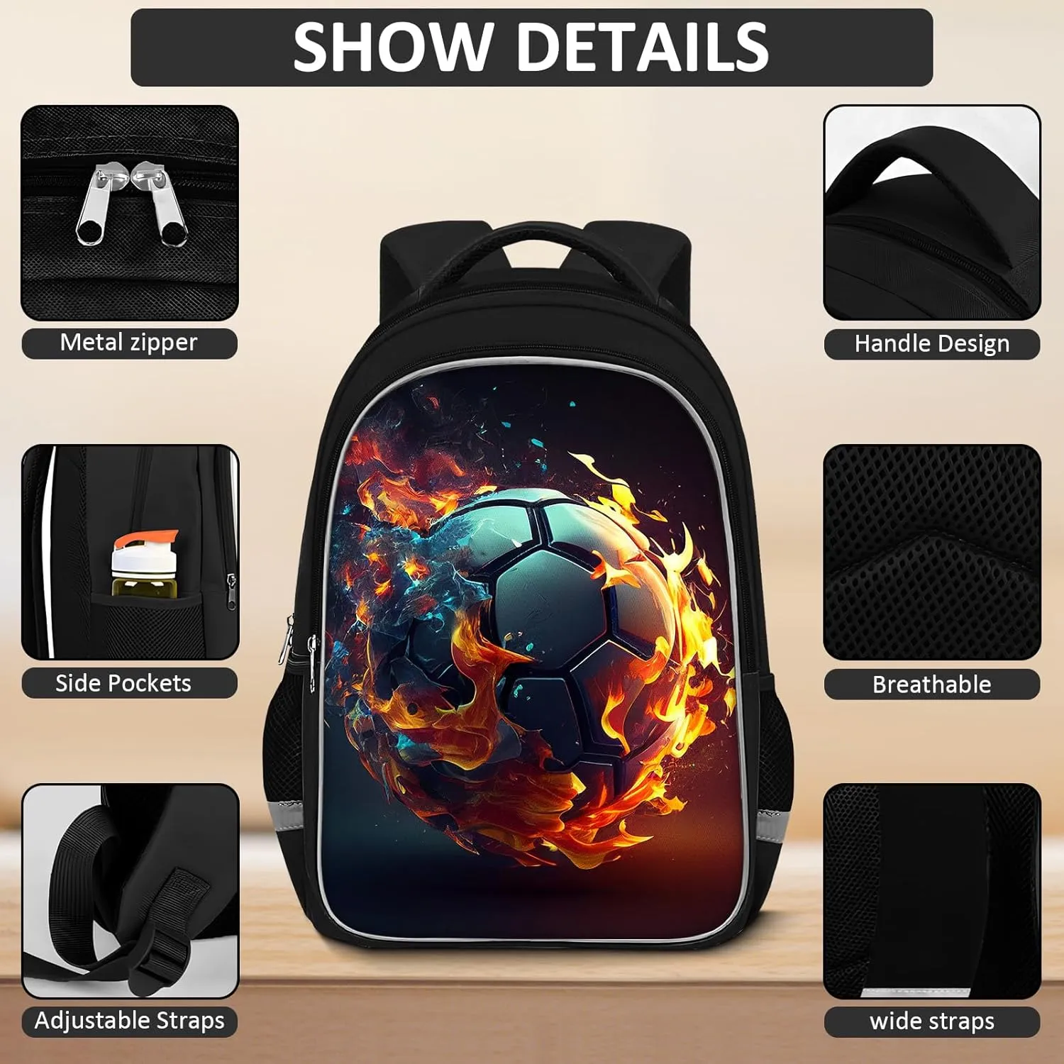 School Backpack for Boys - 4pcs Soccer Boys Backpack with Lunch Box and Pencil Case for Kids Children Teens Elementary Middle School - Students Bag for Ages 6-18,17″Bookbag Travel Back Pack