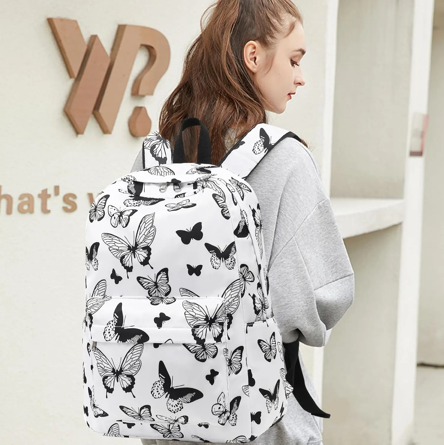 School Backpack Teen Girls Lightweight College Waterproof School Laptop Casual Backpack (Black Butterfly)