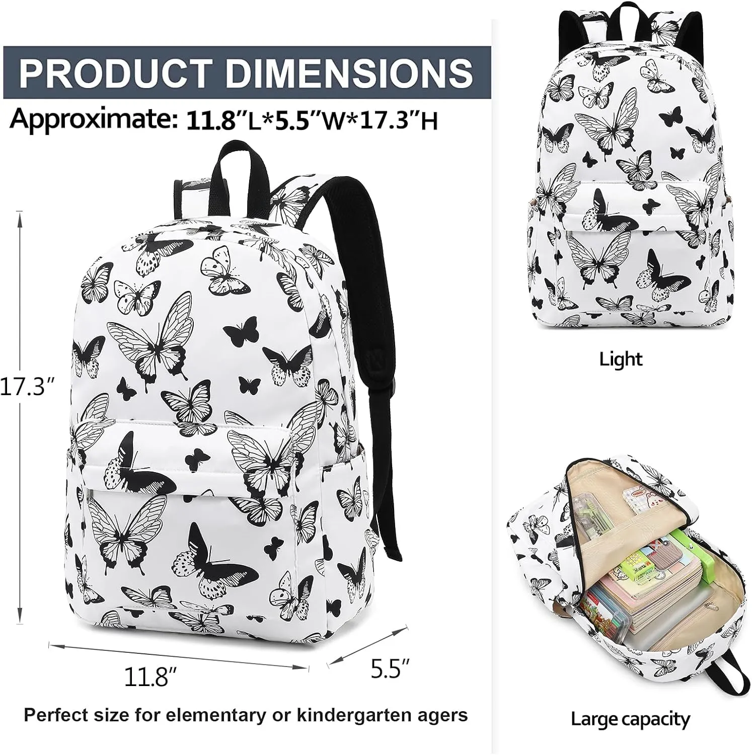 School Backpack Teen Girls Lightweight College Waterproof School Laptop Casual Backpack (Black Butterfly)