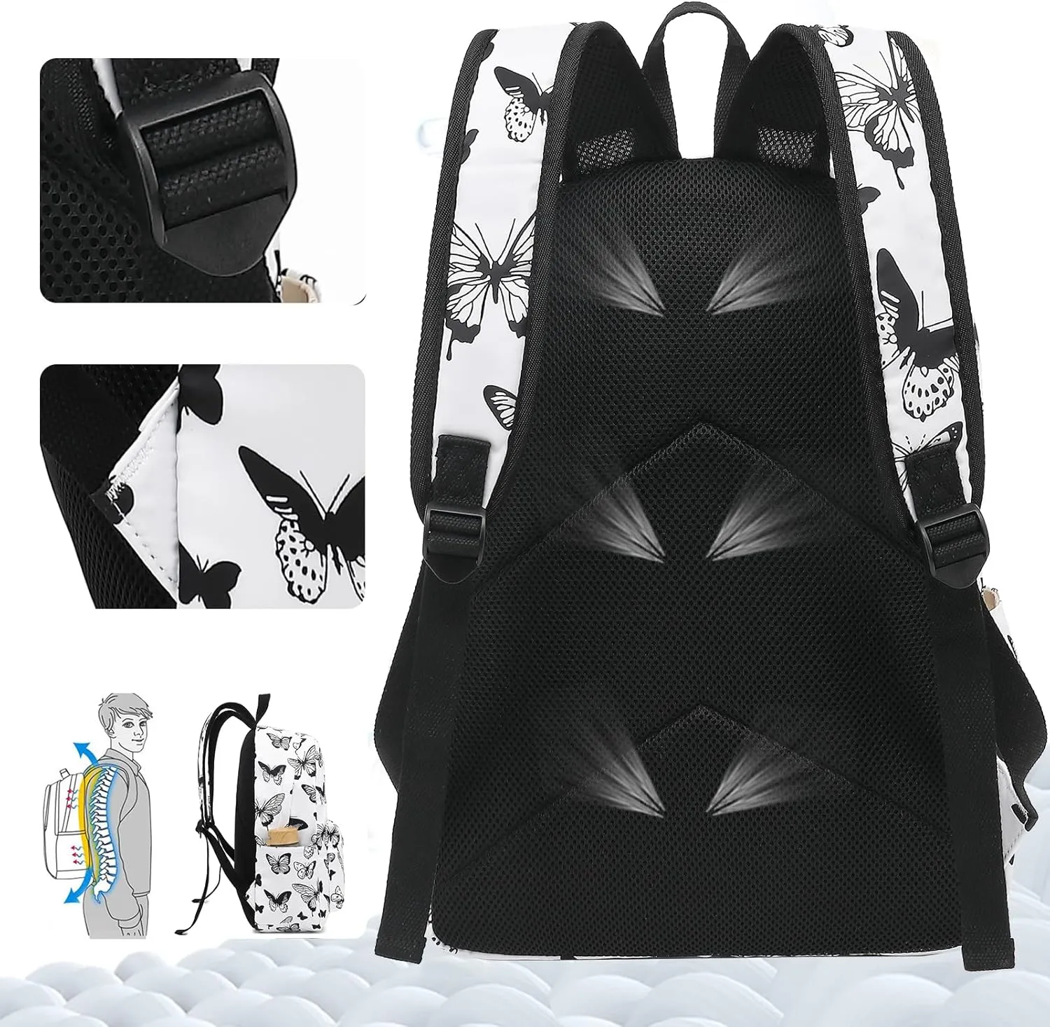 School Backpack Teen Girls Lightweight College Waterproof School Laptop Casual Backpack (Black Butterfly)