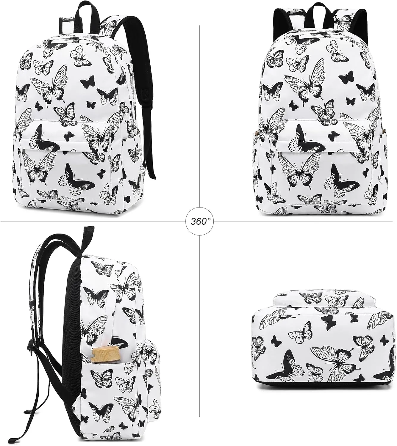 School Backpack Teen Girls Lightweight College Waterproof School Laptop Casual Backpack (Black Butterfly)
