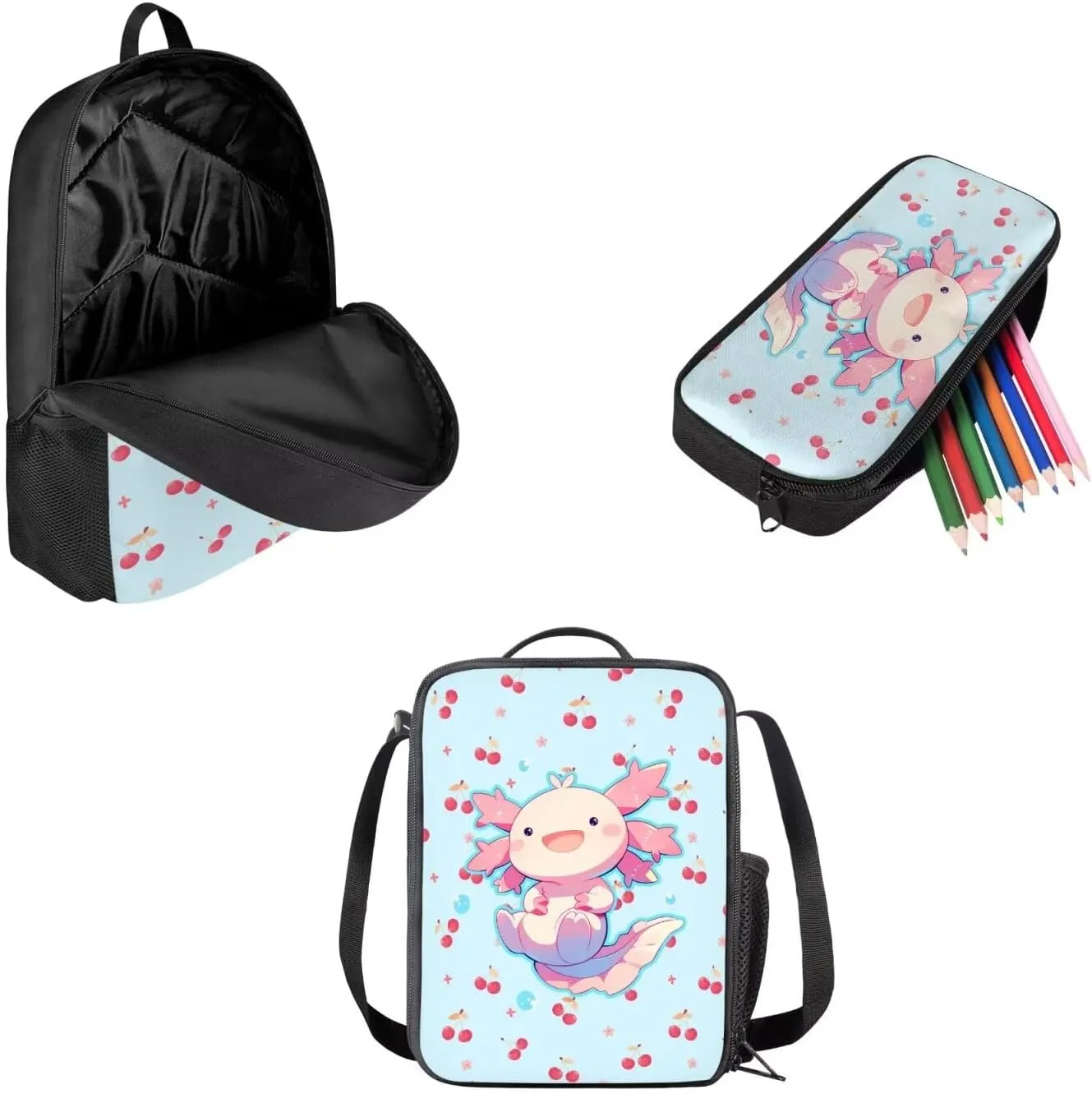 School Bag for Girls 3 Pcs Set, Axolotl Cherry Print School Backpack Kids Bookbag Teens Daypack with Leakproof Lunch Bag and Pencil Case