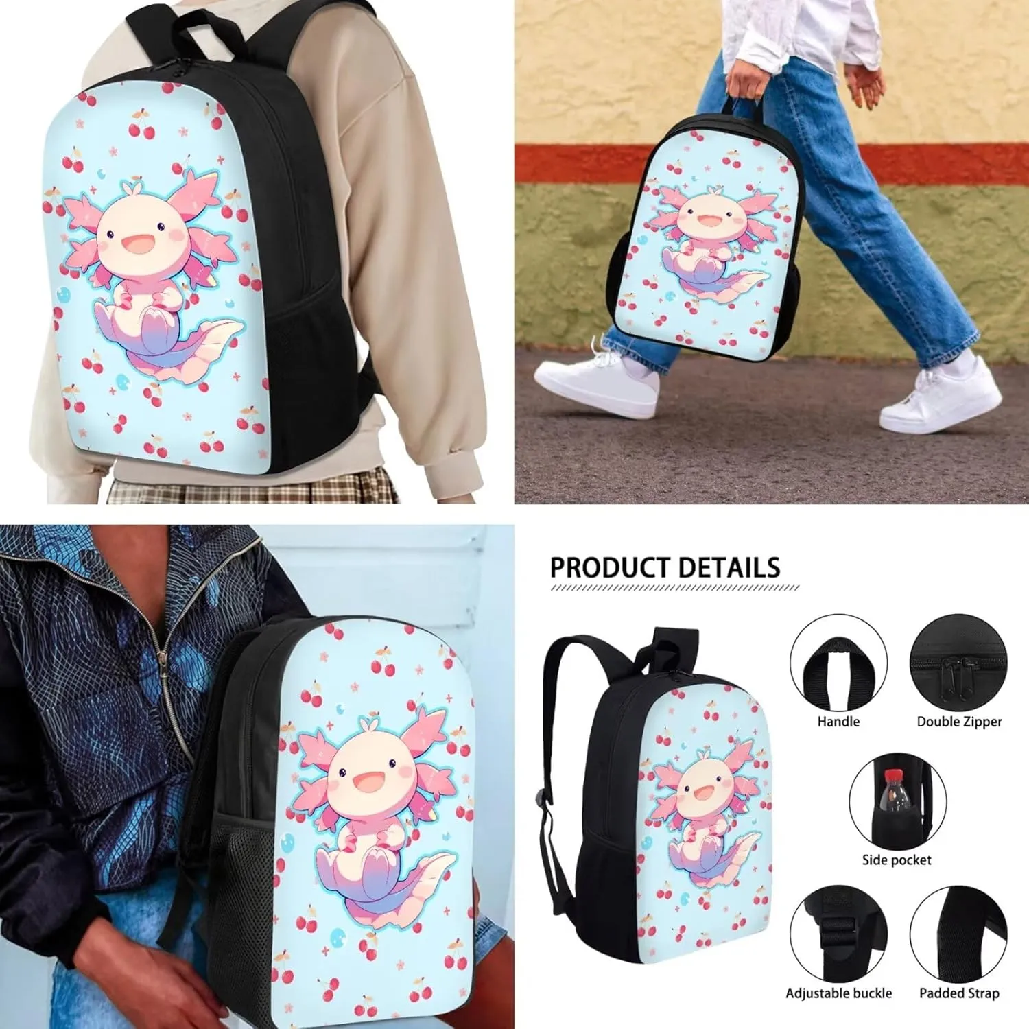 School Bag for Girls 3 Pcs Set, Axolotl Cherry Print School Backpack Kids Bookbag Teens Daypack with Leakproof Lunch Bag and Pencil Case