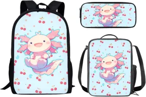 School Bag for Girls 3 Pcs Set, Axolotl Cherry Print School Backpack Kids Bookbag Teens Daypack with Leakproof Lunch Bag and Pencil Case