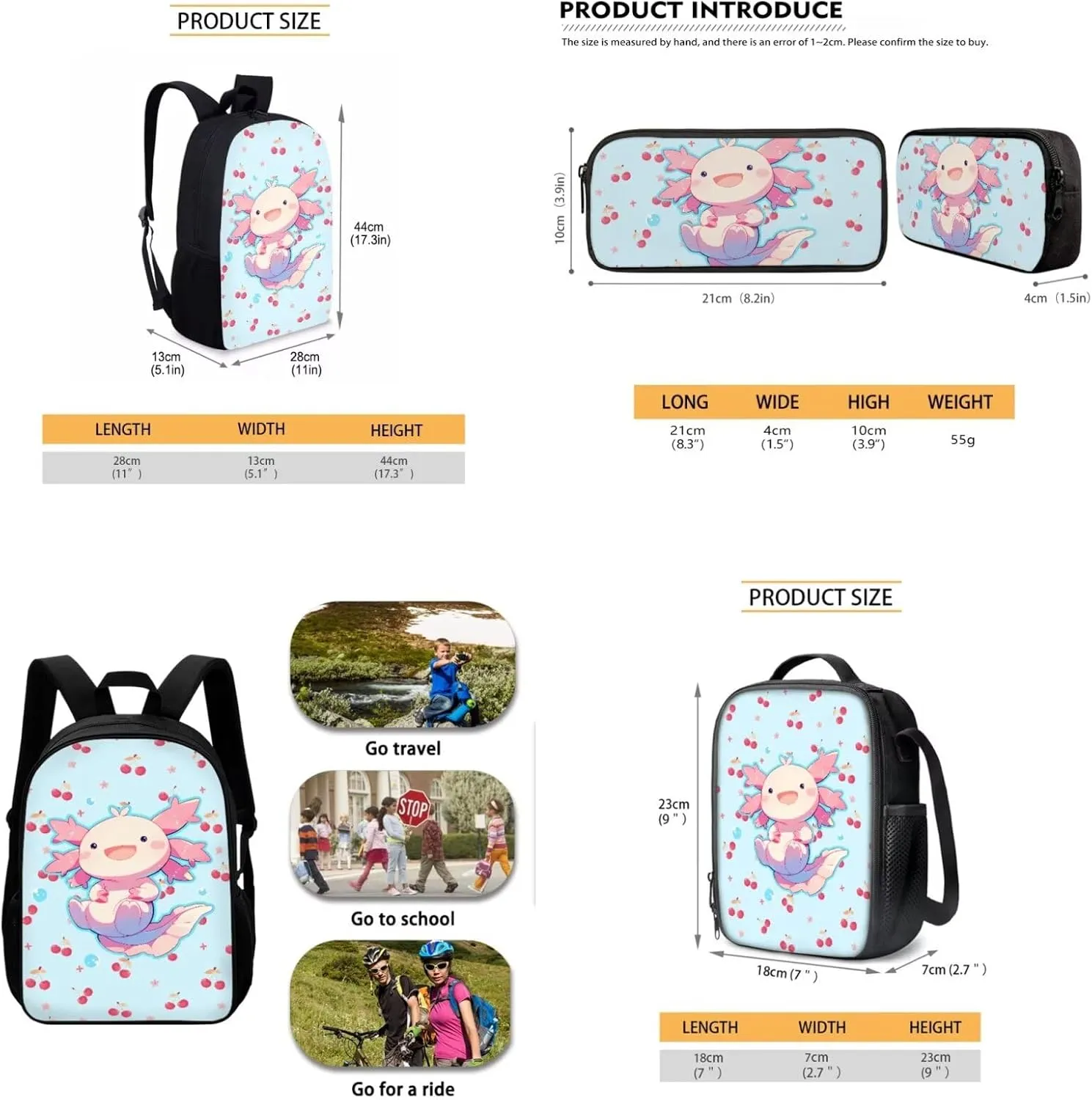 School Bag for Girls 3 Pcs Set, Axolotl Cherry Print School Backpack Kids Bookbag Teens Daypack with Leakproof Lunch Bag and Pencil Case