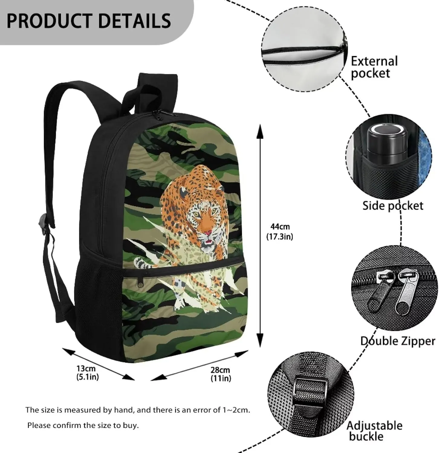 School Shoulderbag for Teens Classic Backpack Camouflage Leopard Durable and Lightweight 1 Main Compartment with Double Zipper Can Put 14 Inch Laptop for Working