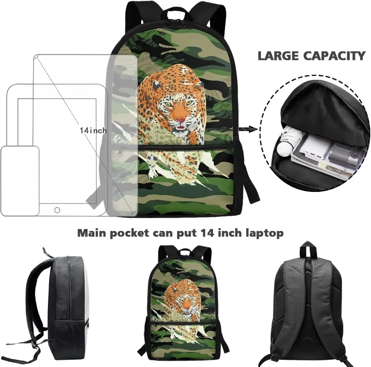 School Shoulderbag for Teens Classic Backpack Camouflage Leopard Durable and Lightweight 1 Main Compartment with Double Zipper Can Put 14 Inch Laptop for Working