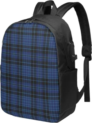 Scottish Clergy Blue Black White Tartan Usb Travel Laptop Backpack – Durable Polyester Backbag With Charging Port & Headphone Jack