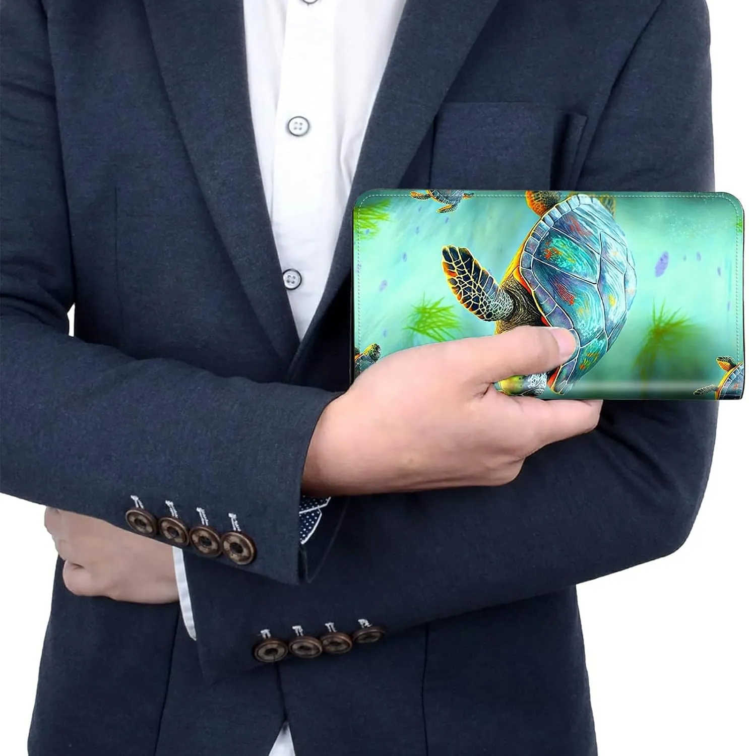 Sea Turtles Bifold Wallet for Men Women,PU Leather Dual Magnetic Clasp Closure Long Wallet Clutch Bag with RFID Blocking Money Phone Pockets& Card Slots