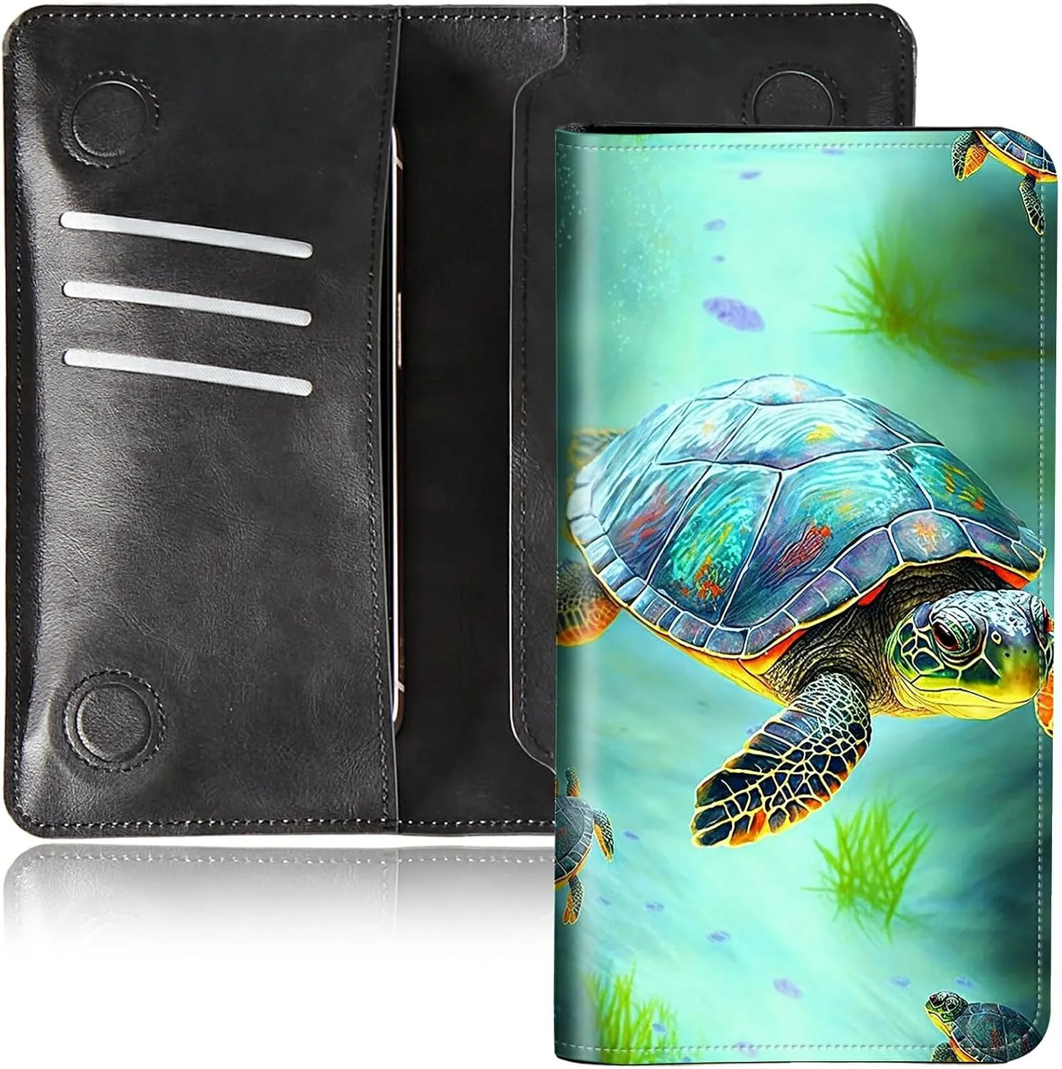Sea Turtles Bifold Wallet for Men Women,PU Leather Dual Magnetic Clasp Closure Long Wallet Clutch Bag with RFID Blocking Money Phone Pockets& Card Slots
