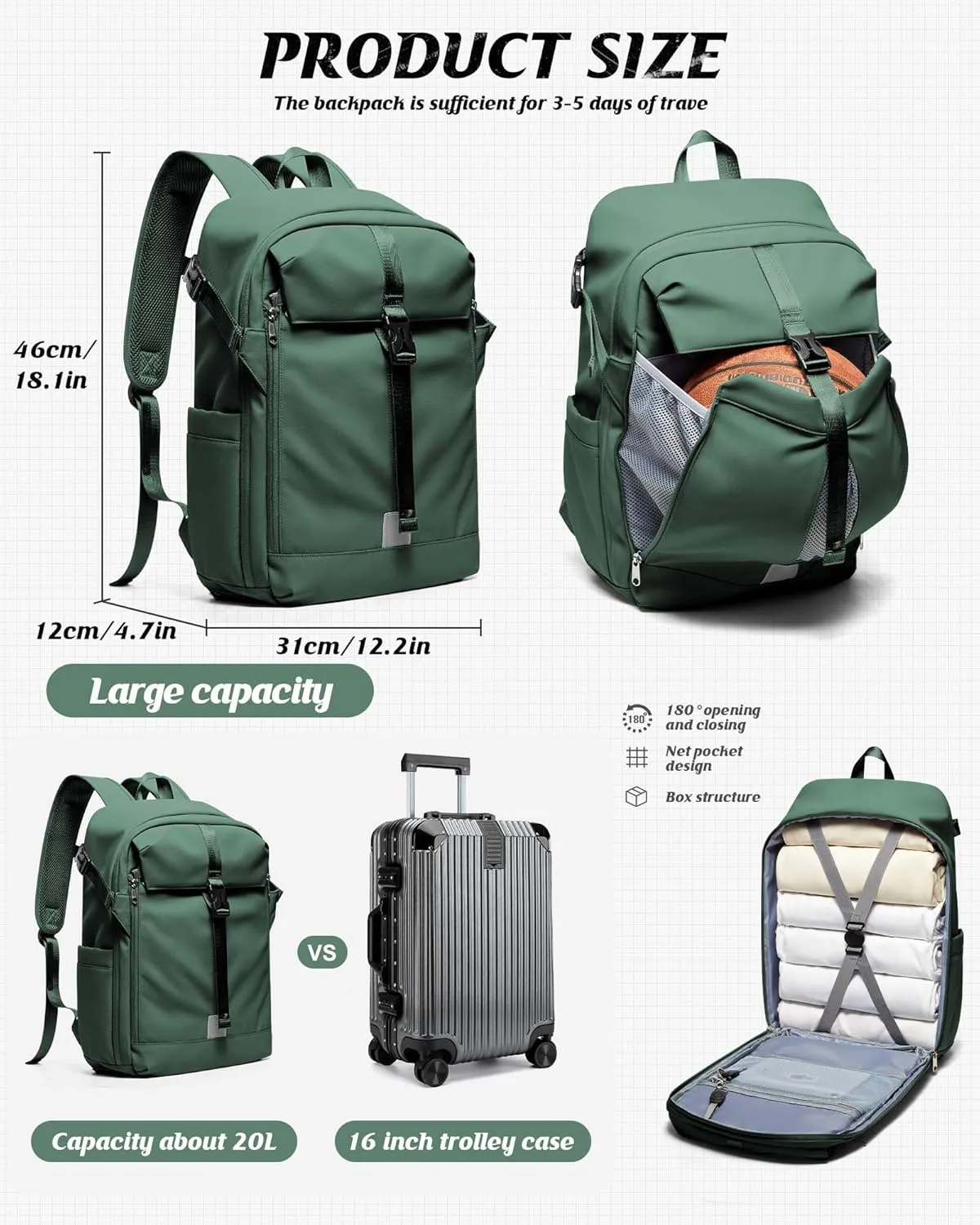 SEAFEW Green Travel Backpack for Men Women,Carry on Backpack Flight Approved,Casual Daypacks Cabin Bagage,Hiking Backpack Lightweight Rucksack Motorcycle Helmet Holder/Cycling Helmet Storage