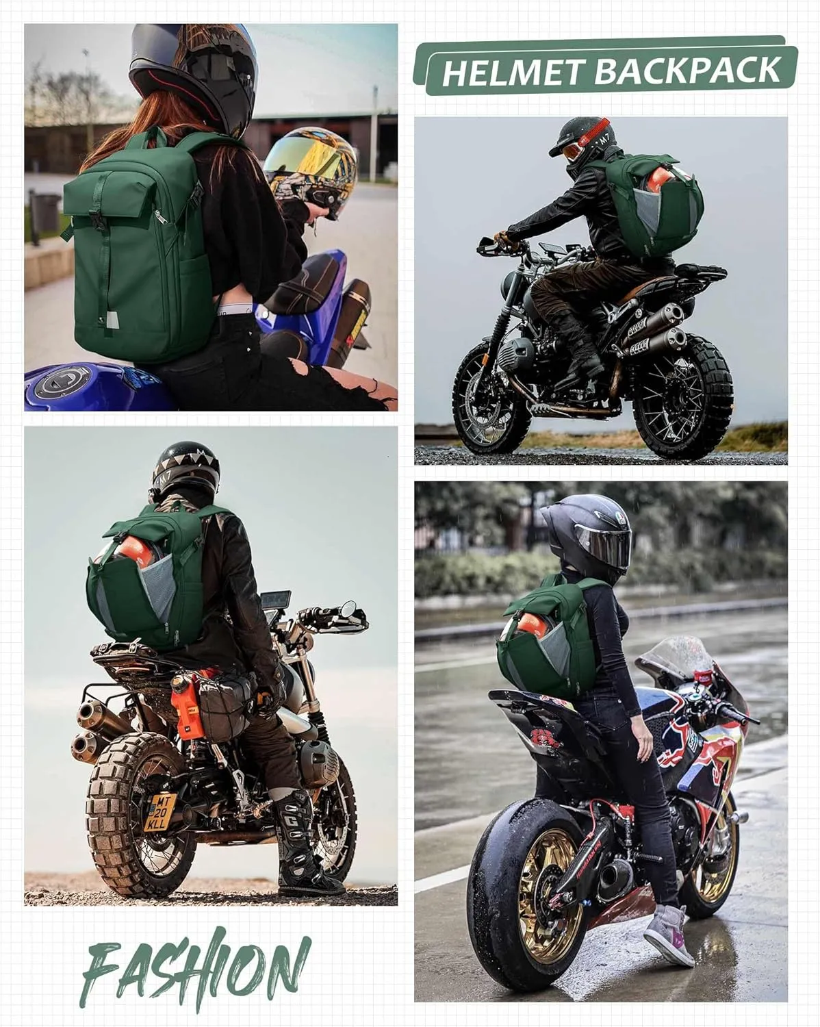 SEAFEW Green Travel Backpack for Men Women,Carry on Backpack Flight Approved,Casual Daypacks Cabin Bagage,Hiking Backpack Lightweight Rucksack Motorcycle Helmet Holder/Cycling Helmet Storage
