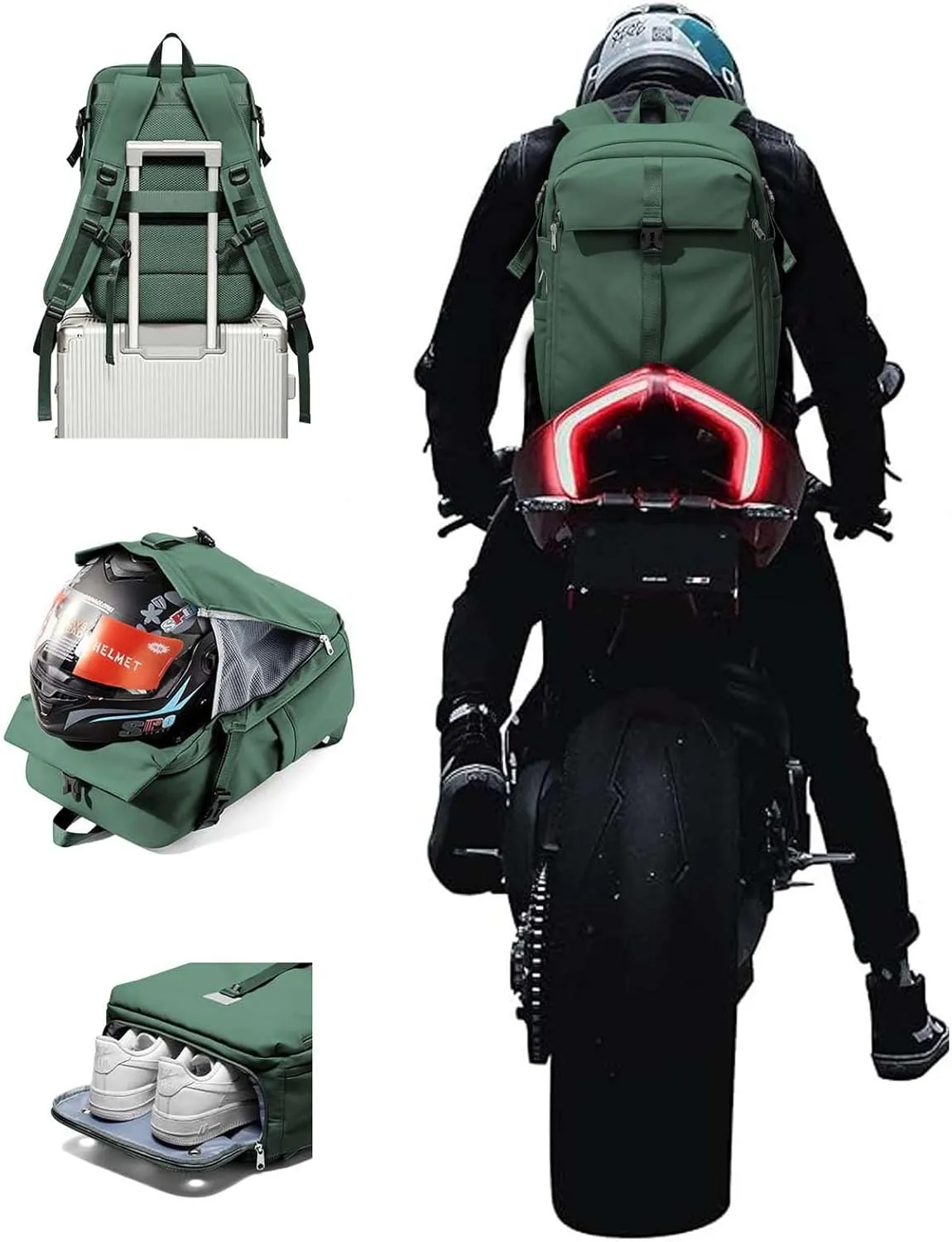 SEAFEW Green Travel Backpack for Men Women,Carry on Backpack Flight Approved,Casual Daypacks Cabin Bagage,Hiking Backpack Lightweight Rucksack Motorcycle Helmet Holder/Cycling Helmet Storage