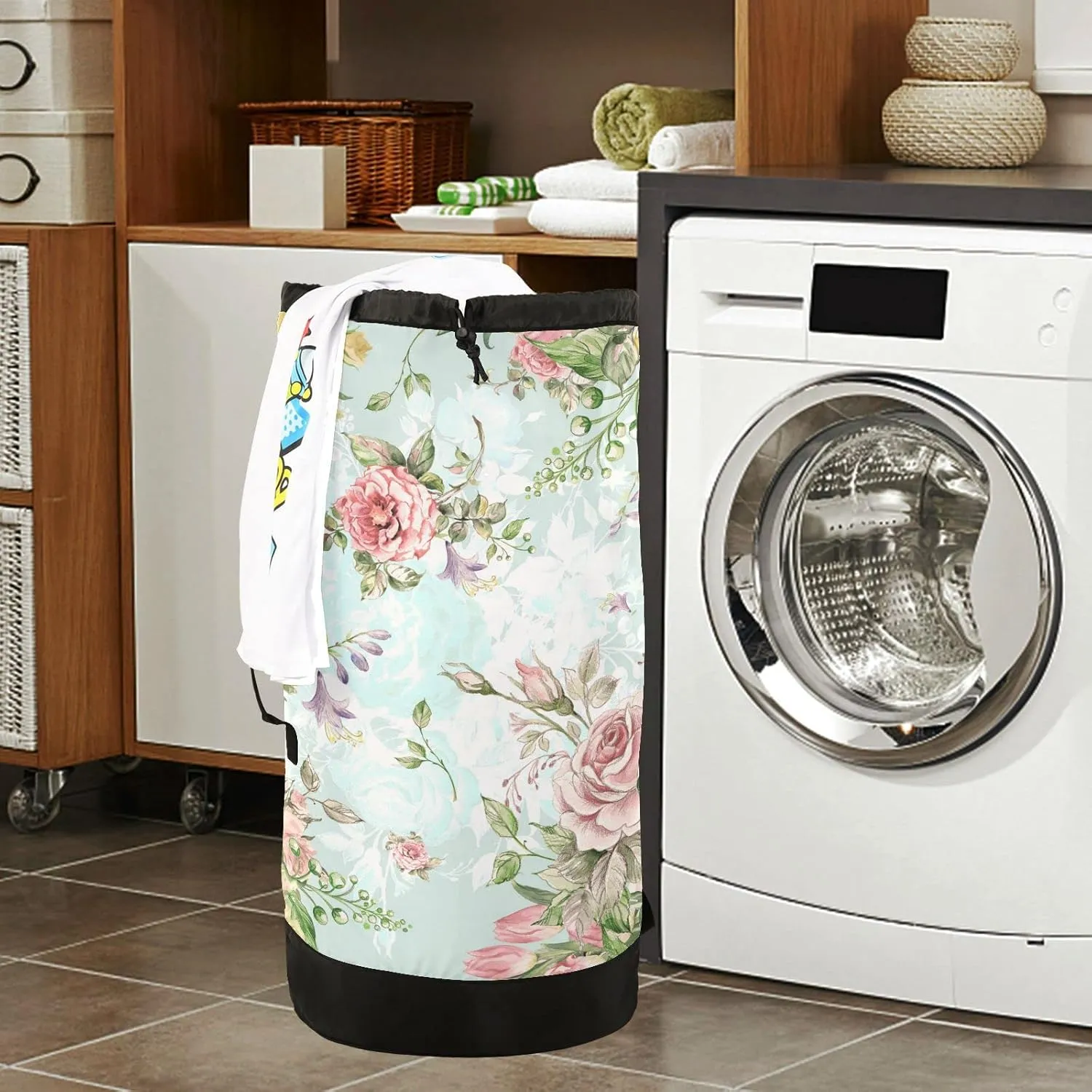 Seamless Luxury Bouquet with Pink and Yellow Roses with Green Leaves Backpack Laundry Bag, Laundry Backpack with Shoulder Straps, Waterproof Nylon Clothes Hamper Bag for Men Women Yoga Backpack