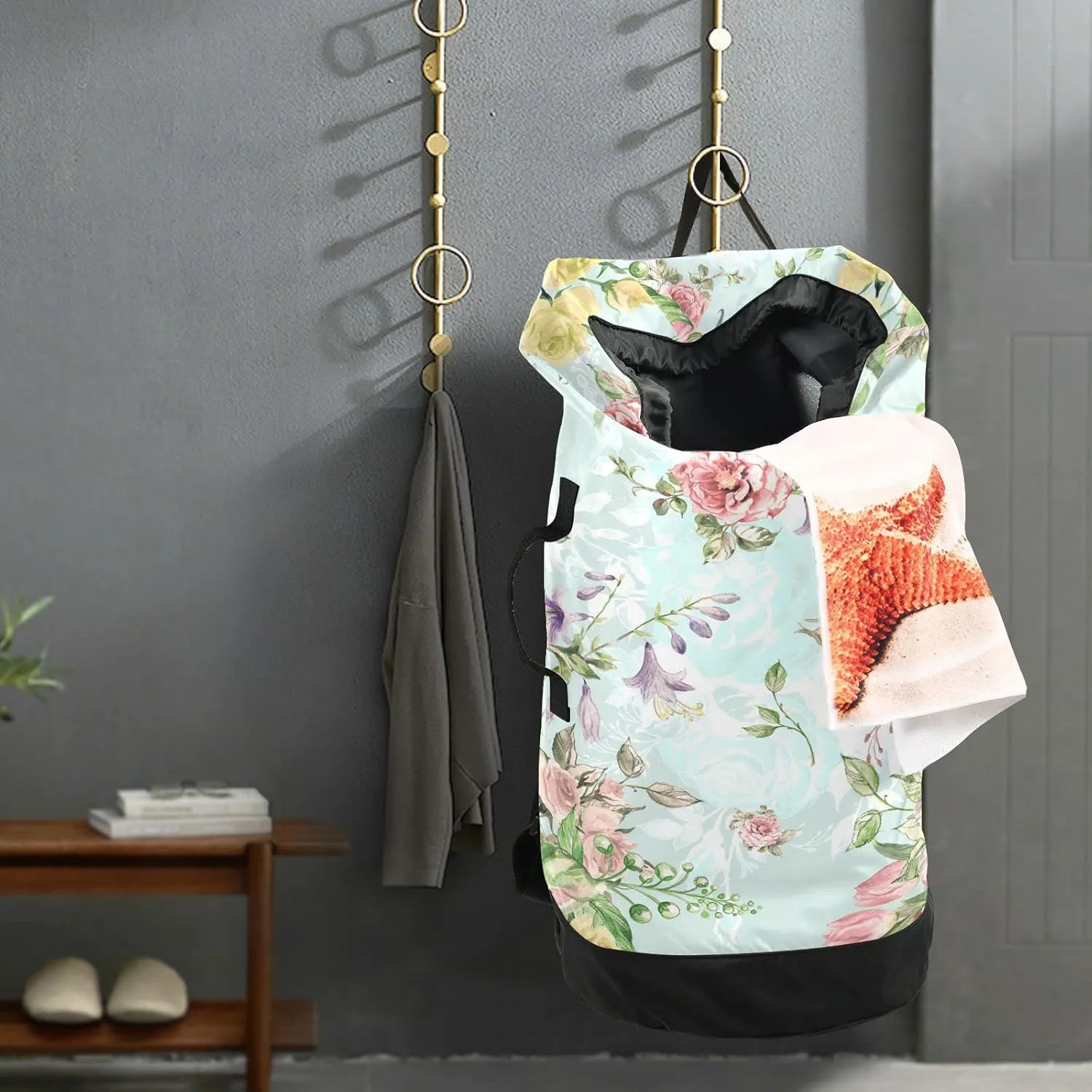 Seamless Luxury Bouquet with Pink and Yellow Roses with Green Leaves Backpack Laundry Bag, Laundry Backpack with Shoulder Straps, Waterproof Nylon Clothes Hamper Bag for Men Women Yoga Backpack