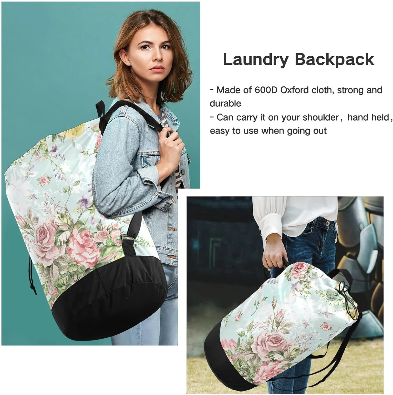 Seamless Luxury Bouquet with Pink and Yellow Roses with Green Leaves Backpack Laundry Bag, Laundry Backpack with Shoulder Straps, Waterproof Nylon Clothes Hamper Bag for Men Women Yoga Backpack