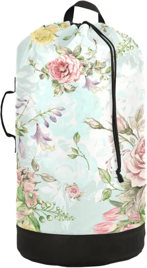 Seamless Luxury Bouquet with Pink and Yellow Roses with Green Leaves Backpack Laundry Bag, Laundry Backpack with Shoulder Straps, Waterproof Nylon Clothes Hamper Bag for Men Women Yoga Backpack