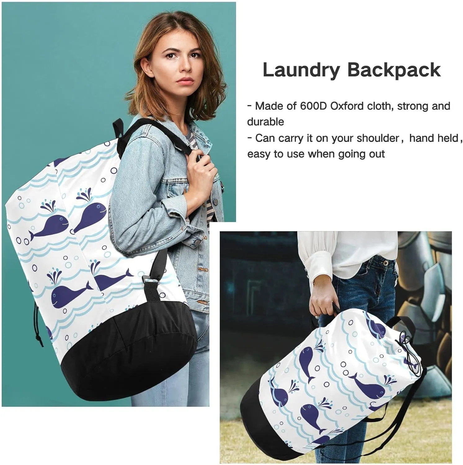 Seamless Ocean Waves Water Drop Circles Background with Blue Whales Backpack Laundry Bag, Laundry Backpack with Shoulder Straps, Waterproof Nylon Clothes Hamper Bag for Men Women Yoga Backpack