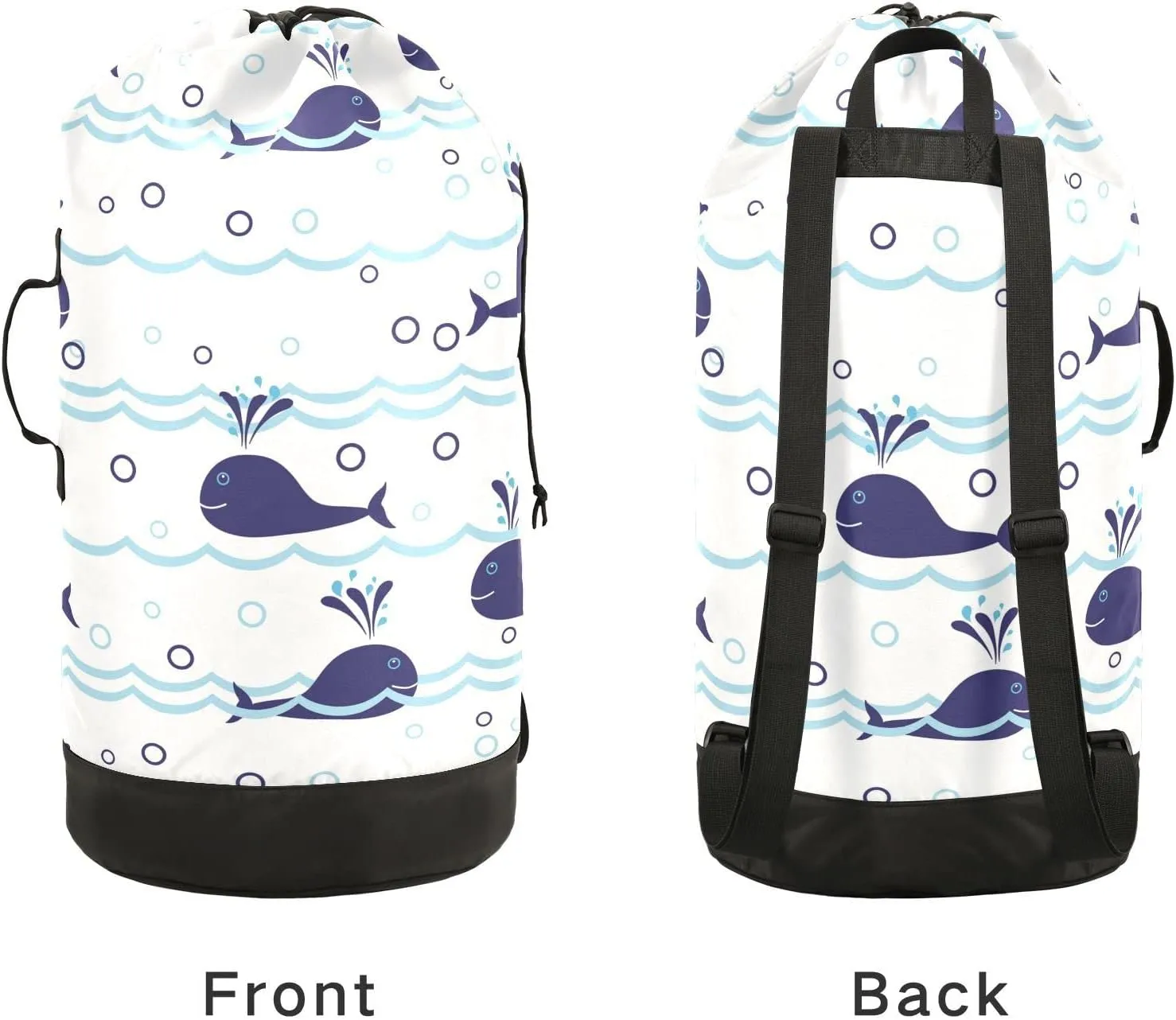 Seamless Ocean Waves Water Drop Circles Background with Blue Whales Backpack Laundry Bag, Laundry Backpack with Shoulder Straps, Waterproof Nylon Clothes Hamper Bag for Men Women Yoga Backpack