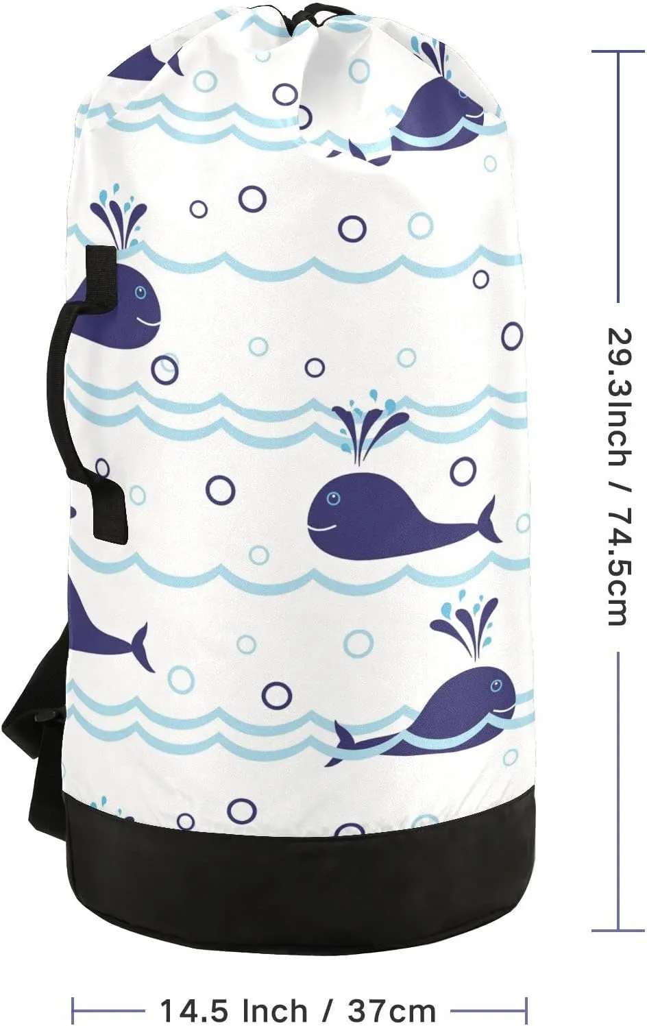 Seamless Ocean Waves Water Drop Circles Background with Blue Whales Backpack Laundry Bag, Laundry Backpack with Shoulder Straps, Waterproof Nylon Clothes Hamper Bag for Men Women Yoga Backpack