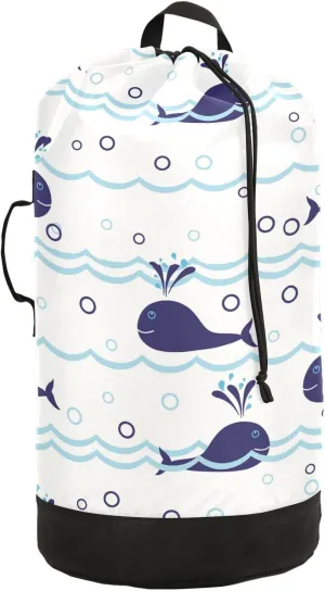 Seamless Ocean Waves Water Drop Circles Background with Blue Whales Backpack Laundry Bag, Laundry Backpack with Shoulder Straps, Waterproof Nylon Clothes Hamper Bag for Men Women Yoga Backpack