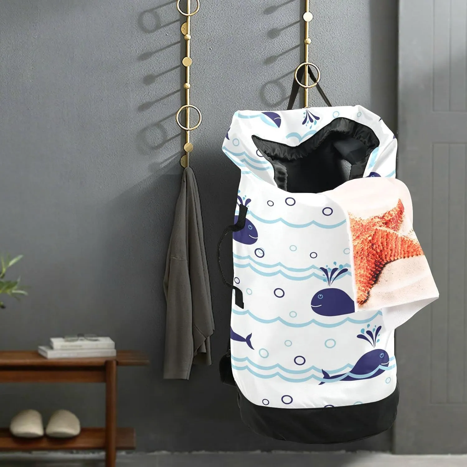Seamless Ocean Waves Water Drop Circles Background with Blue Whales Backpack Laundry Bag, Laundry Backpack with Shoulder Straps, Waterproof Nylon Clothes Hamper Bag for Men Women Yoga Backpack