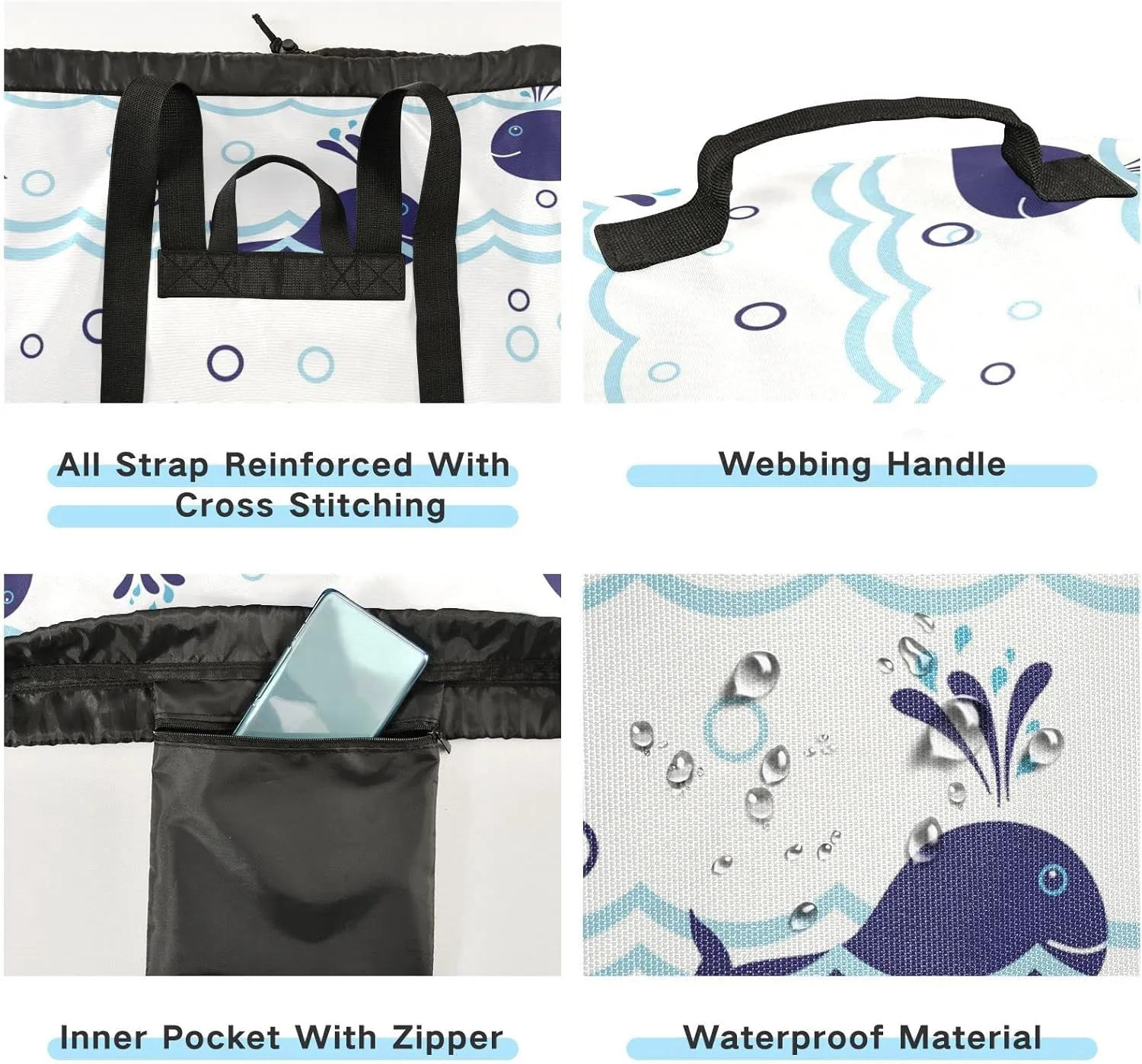 Seamless Ocean Waves Water Drop Circles Background with Blue Whales Backpack Laundry Bag, Laundry Backpack with Shoulder Straps, Waterproof Nylon Clothes Hamper Bag for Men Women Yoga Backpack