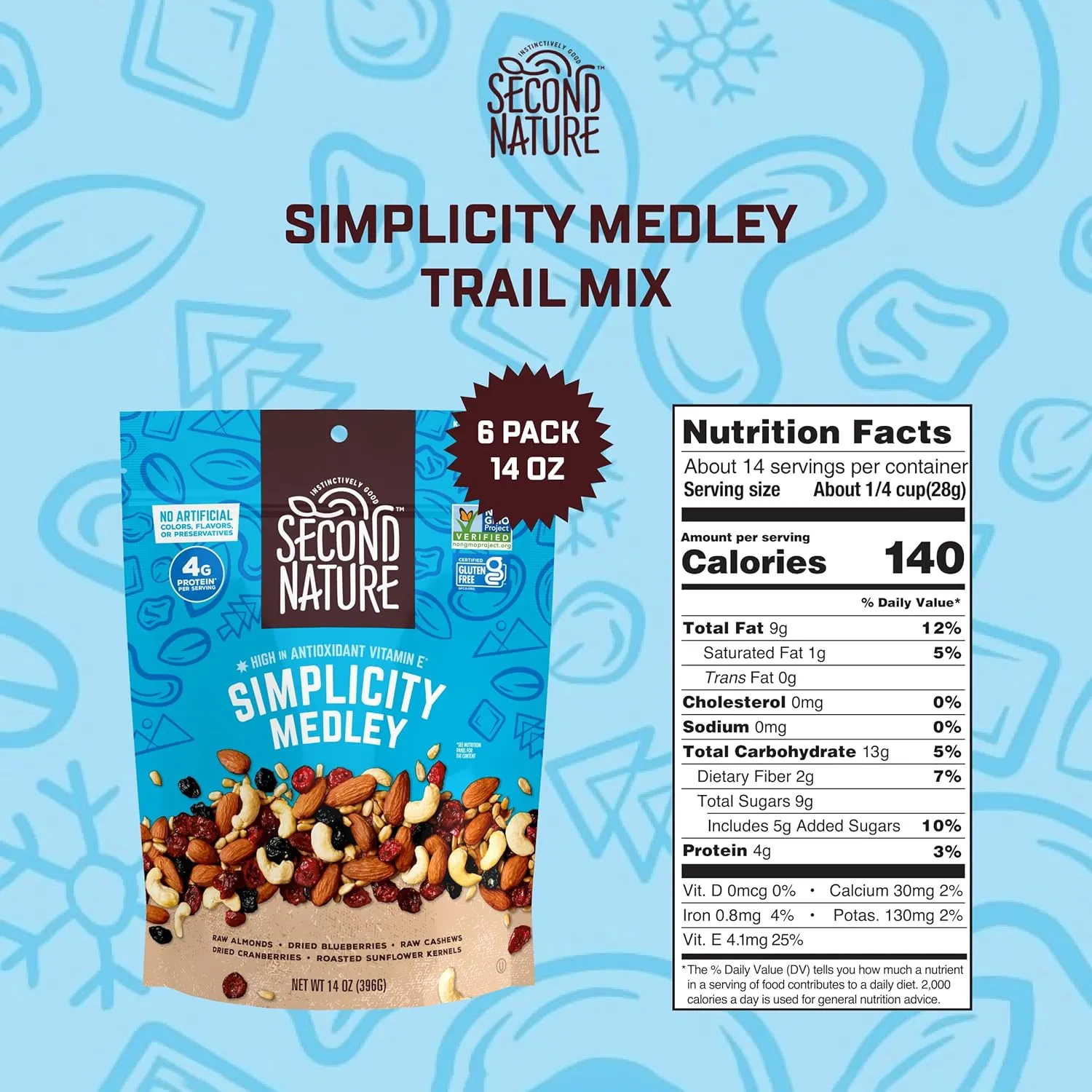 Second Nature Simplicity Medley Trail Mix - 14 oz Resealable Snack Pouches (Pack of 6), Certified Gluten-Free Snack - Dried Fruit and Nut Trail Mix, Ideal for Travel Snacks