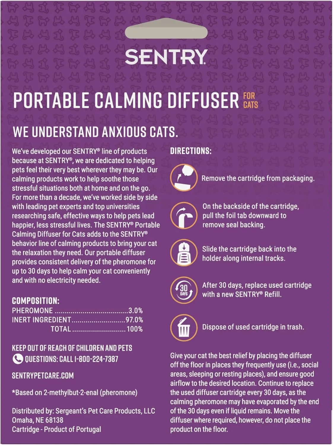Sentry Behavior Portable Calming Diffuser for Cats, Reduces Stress and Bad Behavior with Calming Pheromones, Easy-to-use Portable Design, 30 Day Release