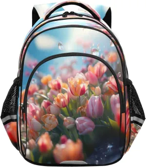 senya Backpack Toddler School Book Bag for Girls Boys Kids Travel Bag Water Droplet Tulips 8-14 Years Old