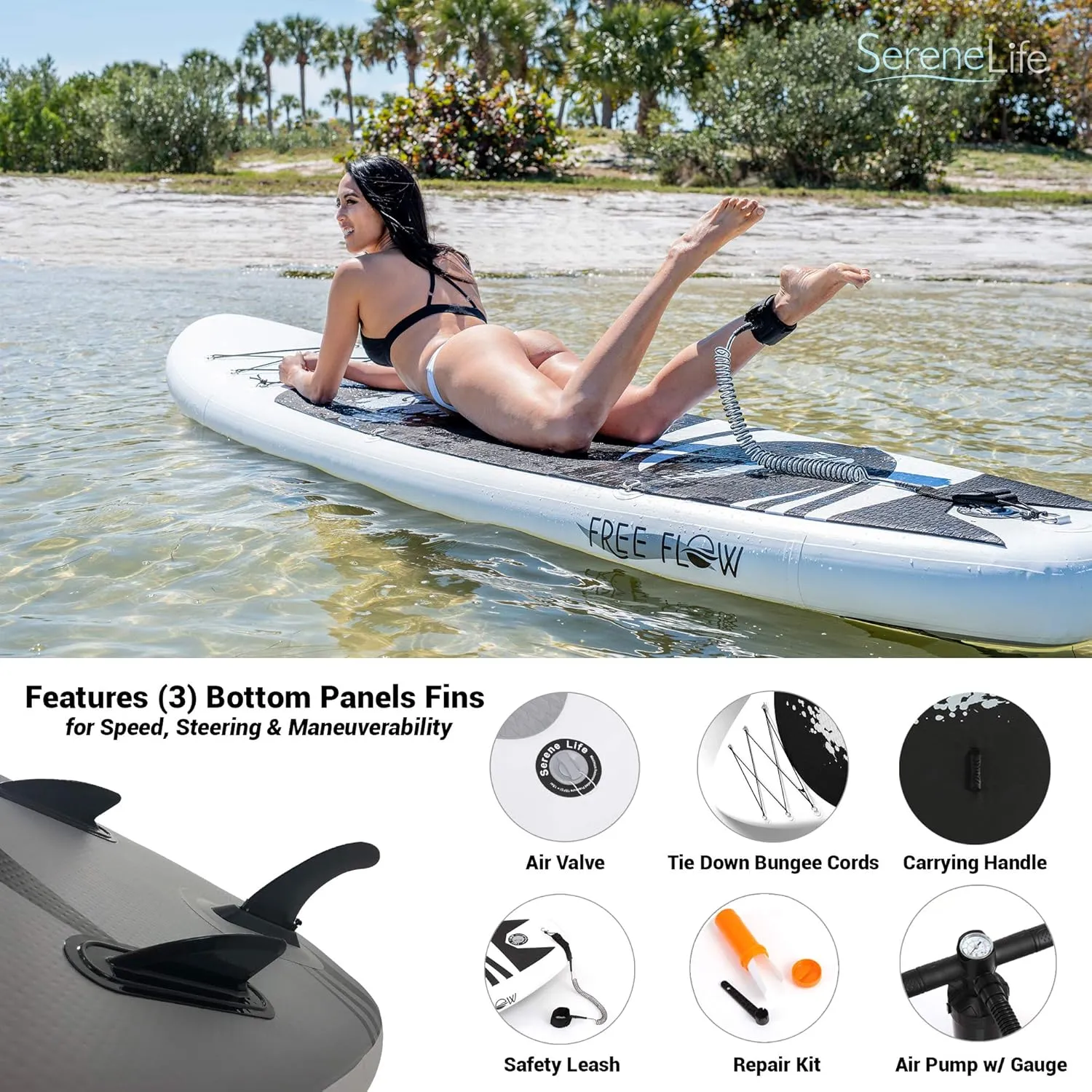 SereneLife Inflatable Stand Up Paddle Board with Premium SUP Accessories – Wide Stable Design with Non-Slip EVA Deck Pad for Adults and Youth of All Skill Levels, 350 lbs Capacity