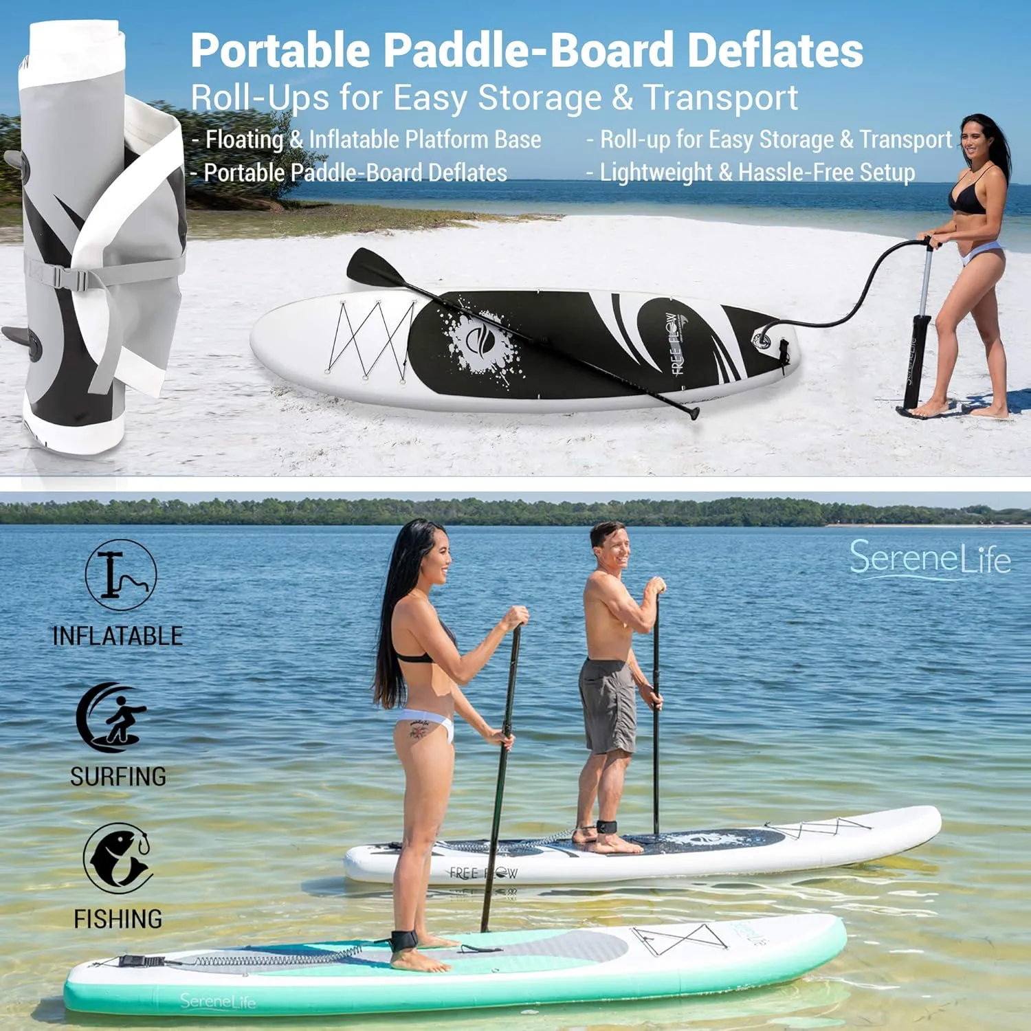 SereneLife Inflatable Stand Up Paddle Board with Premium SUP Accessories – Wide Stable Design with Non-Slip EVA Deck Pad for Adults and Youth of All Skill Levels, 350 lbs Capacity