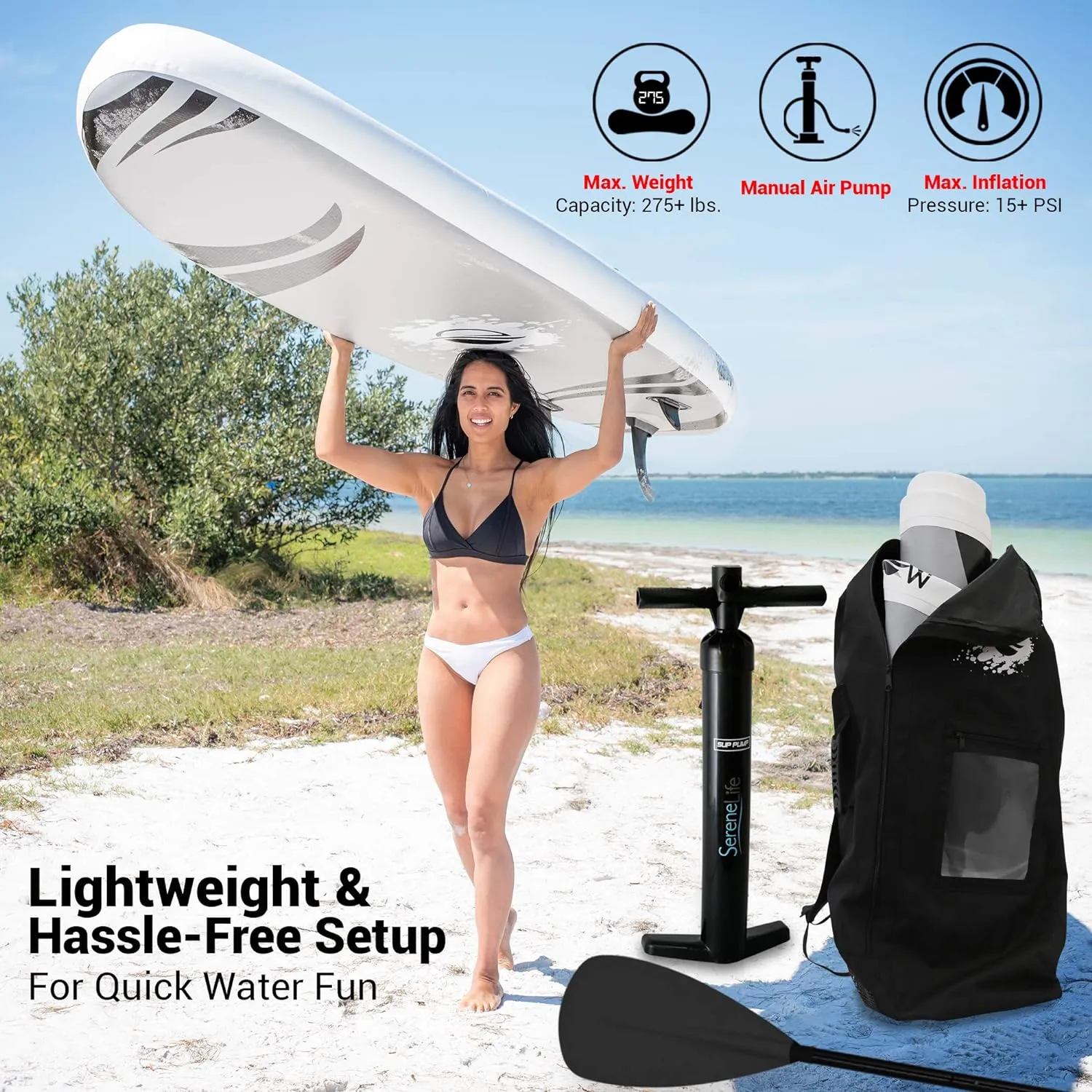SereneLife Inflatable Stand Up Paddle Board with Premium SUP Accessories – Wide Stable Design with Non-Slip EVA Deck Pad for Adults and Youth of All Skill Levels, 350 lbs Capacity