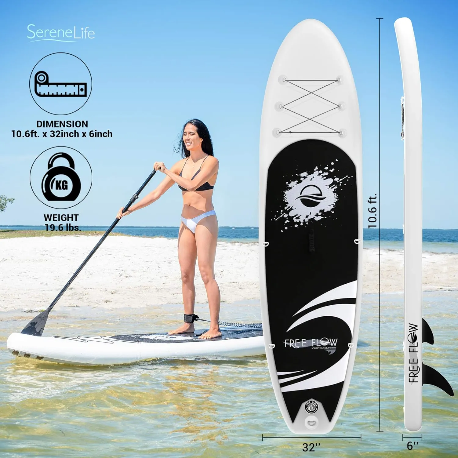 SereneLife Inflatable Stand Up Paddle Board with Premium SUP Accessories – Wide Stable Design with Non-Slip EVA Deck Pad for Adults and Youth of All Skill Levels, 350 lbs Capacity